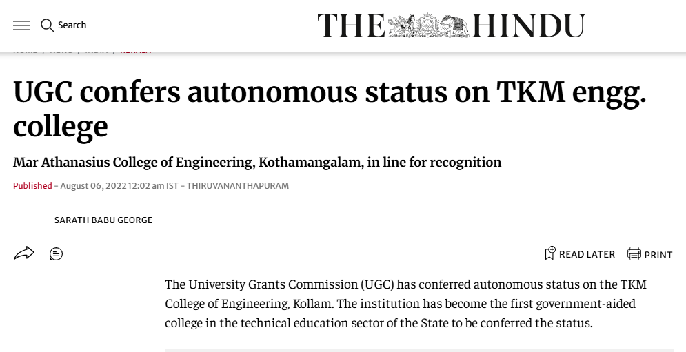 Hindu newspaper published UGC confers autonomous status of TKM Engineering college